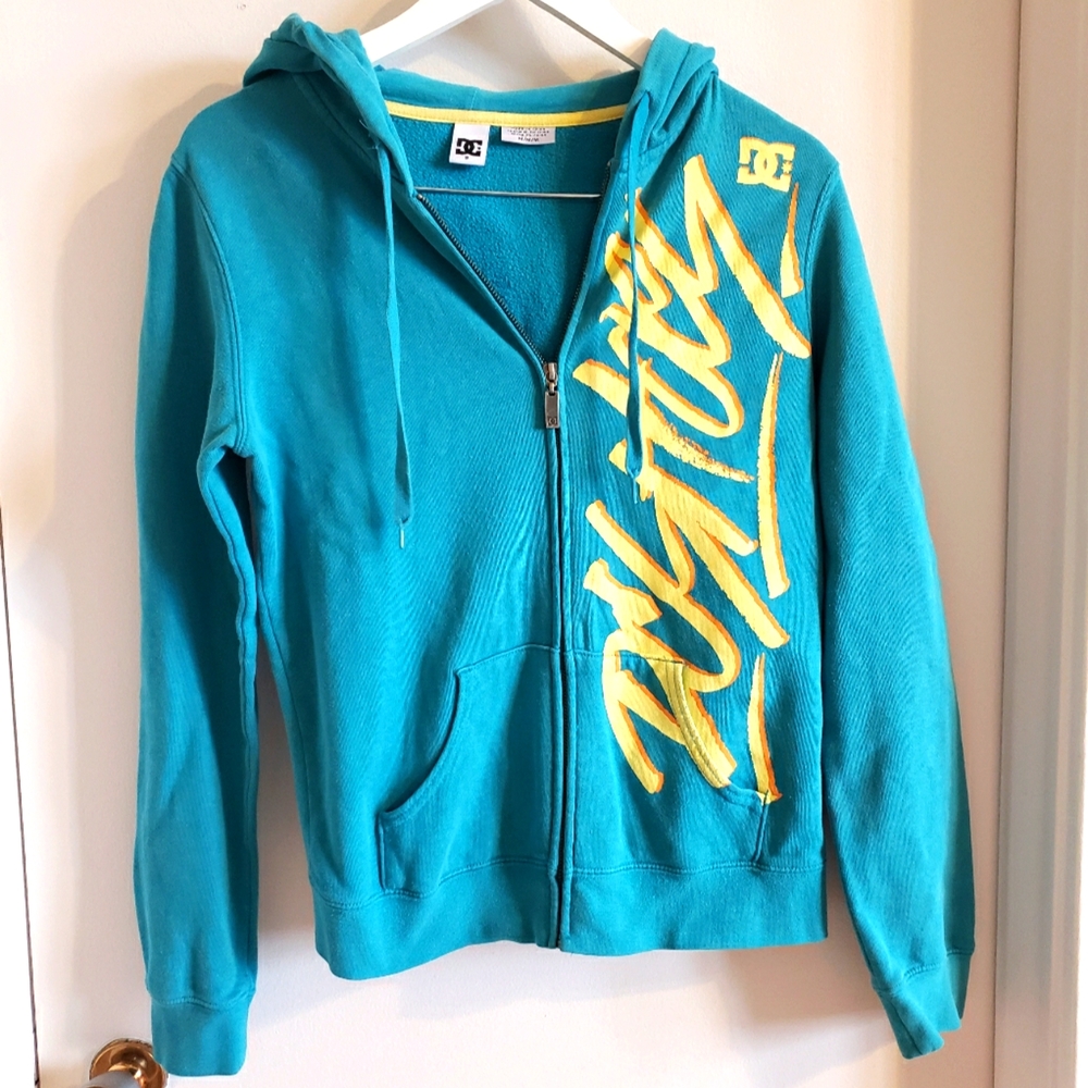 DC Zip Up Hoodie Turquoise Yellow Woman Size Medium EUC